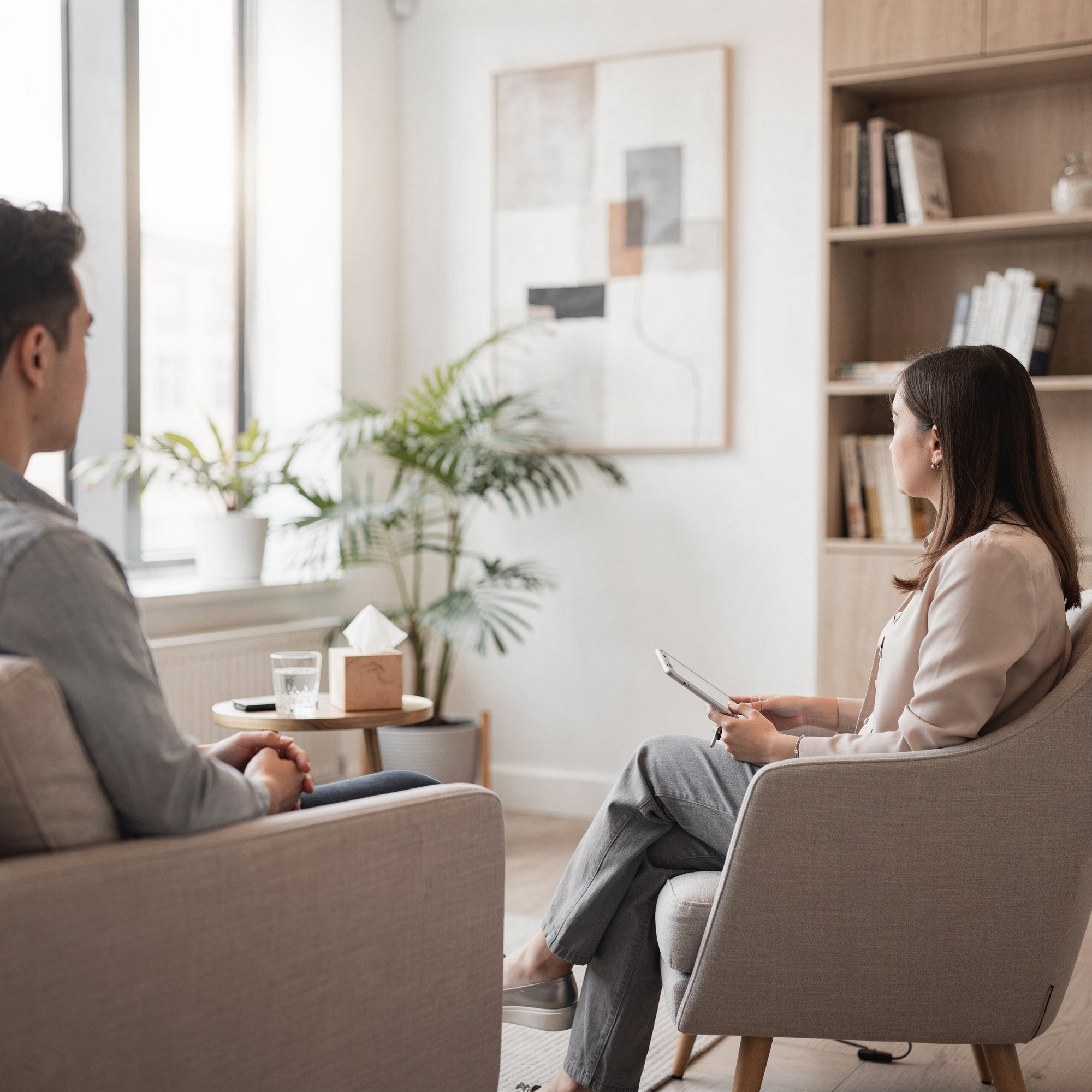 Healthcare provider consulting with patient in modern office setting with plant and shelving